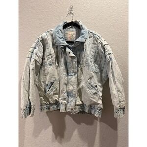 Vintage Acid Wash Denim Jacket Geometric Pattern Bomber Style Size Medium